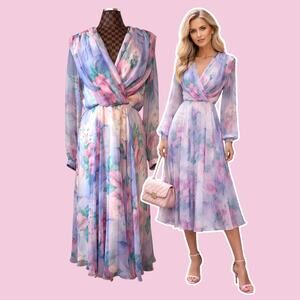Ursula Pastel Sheer Floral Midi Dress Size 14 Wrap Fairycore Goddess Etehreal